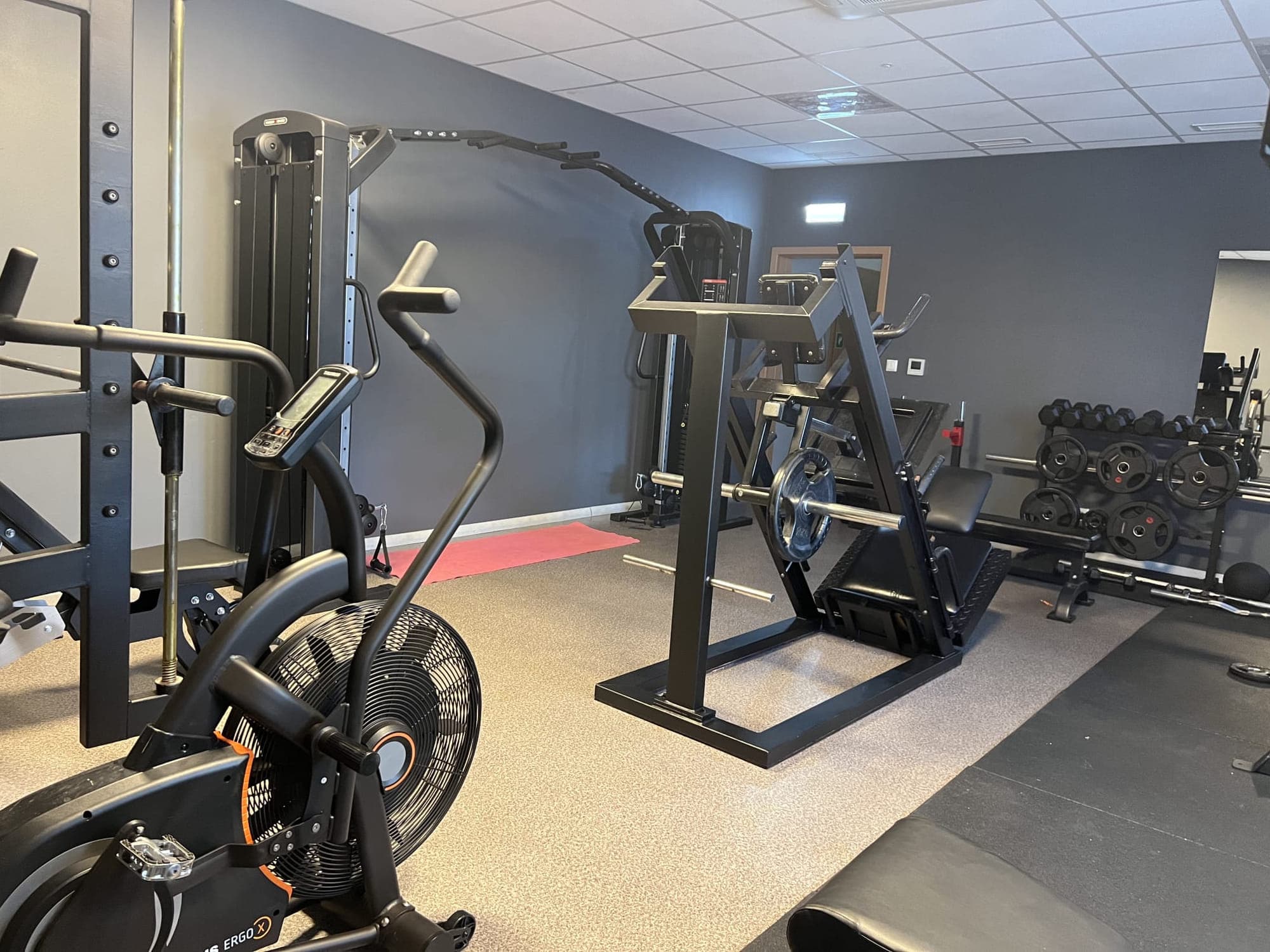 Rower typu air bike i strefa wolnych ciężarów